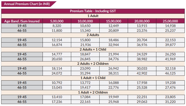 Annual Premium Chart (in INR)